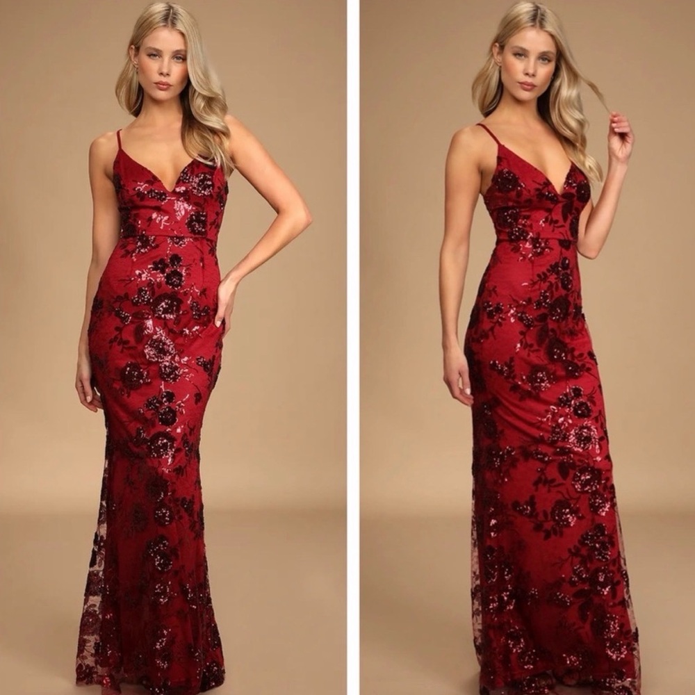 Lulus Shine Language Wine Red Sequin Mermaid Maxi Dress only worn once!